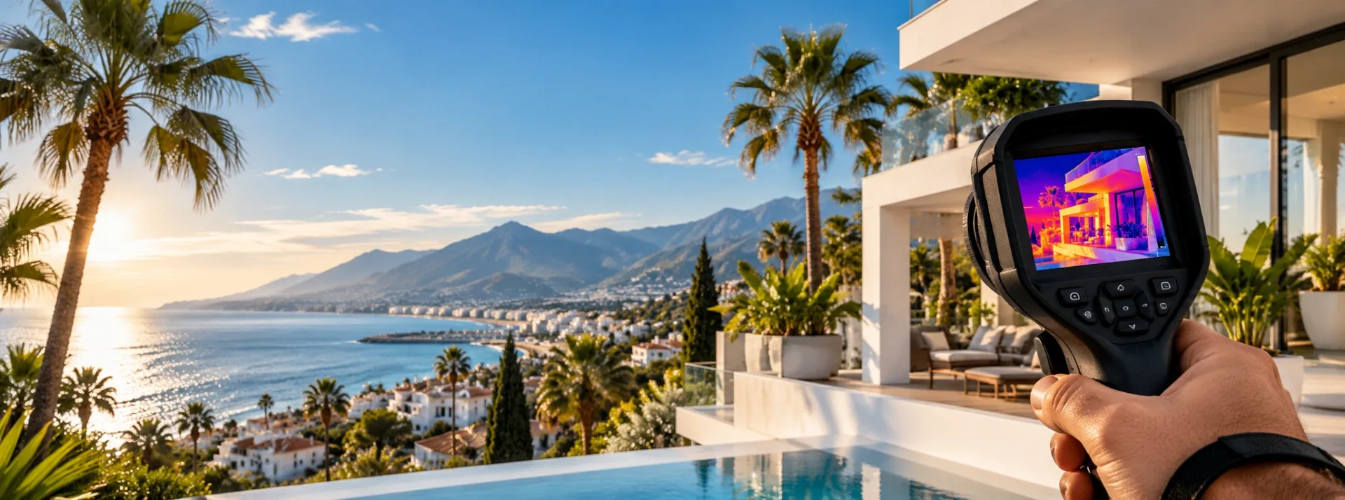 Costa del Sol view with a FLIR thermal camera inspecting a villa